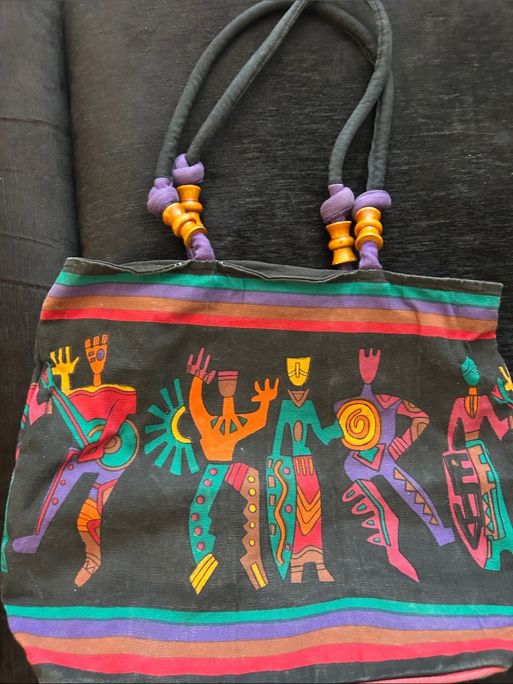 Colorful Tribal Print Tote Bag with Purple & Orange Accents